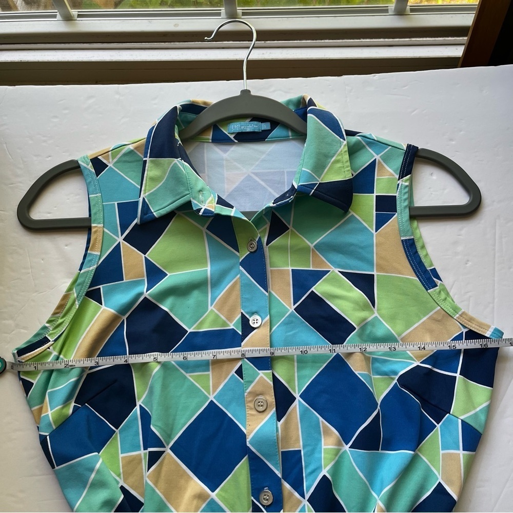 J MCLAUGHLIN Geometric Blue and Green Sleeveless Collar Belted Dress Size Small - Picture 5 of 8